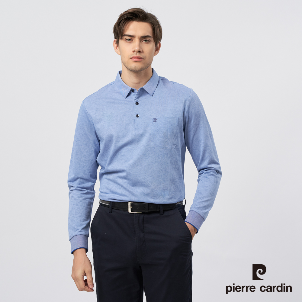 Pierre Cardin 皮爾卡登 男裝 雙色PK葉片印花長袖POLO衫-淺藍色 (5235290-35)