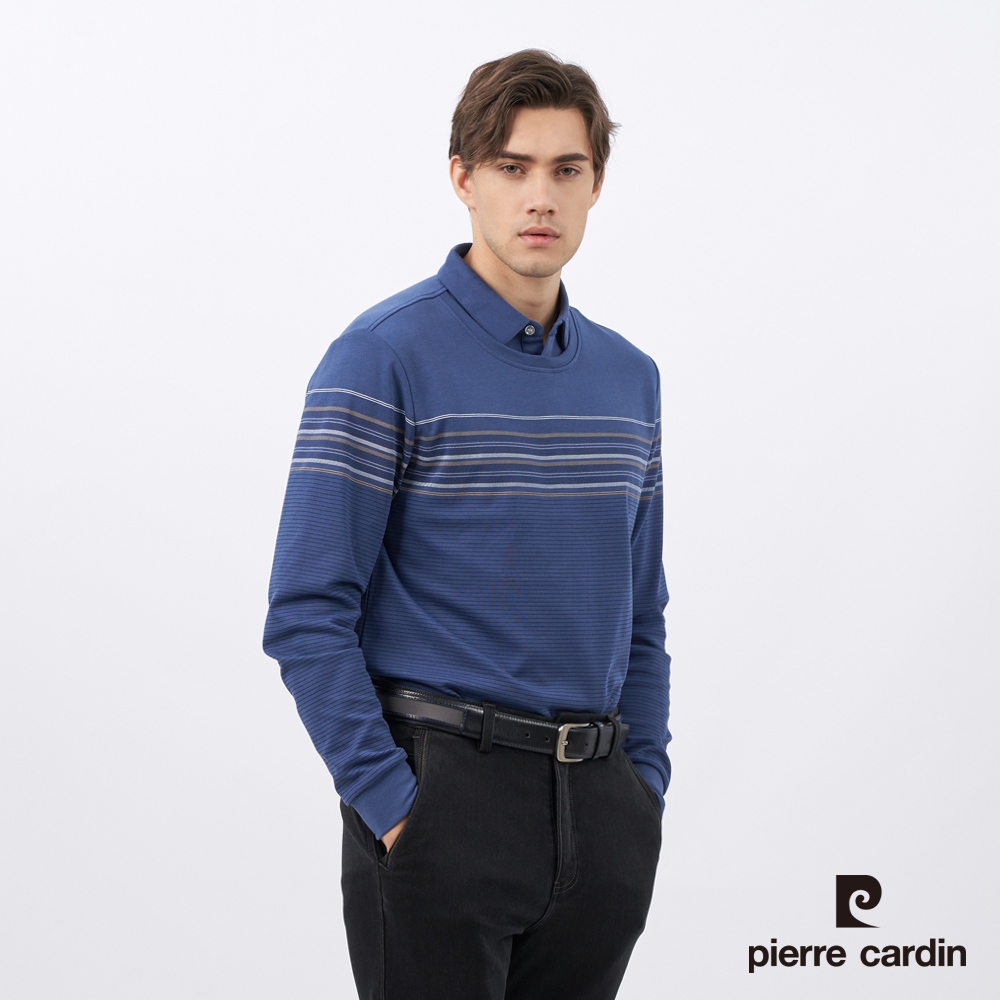 Pierre Cardin 皮爾卡登 男裝 棉質混紡印花假兩件襯衫領長袖POLO衫-藍色 (5235297-37)