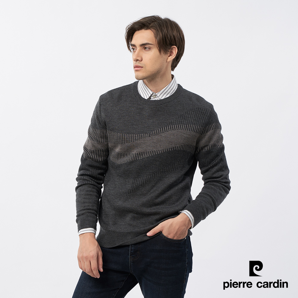 Pierre Cardin 皮爾卡登 男款 混紡羊毛圓領緹花組織毛衣-黑灰色 (5235473-96)