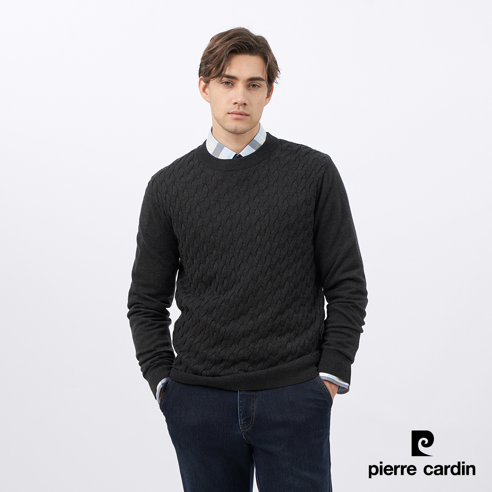 Pierre Cardin 皮爾卡登 男款 混紡羊毛圓領素色暗緹花組織毛衣-黑灰色 (5235474-96)