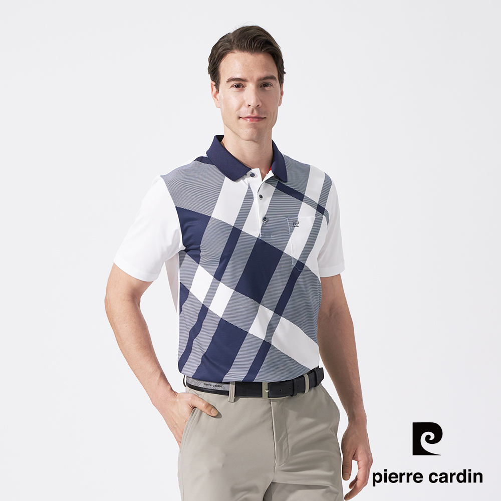 Pierre Cardin 皮爾卡登 男款 吸濕排汗胸前印斜格短袖polo衫-深藍色 (5247207-38)