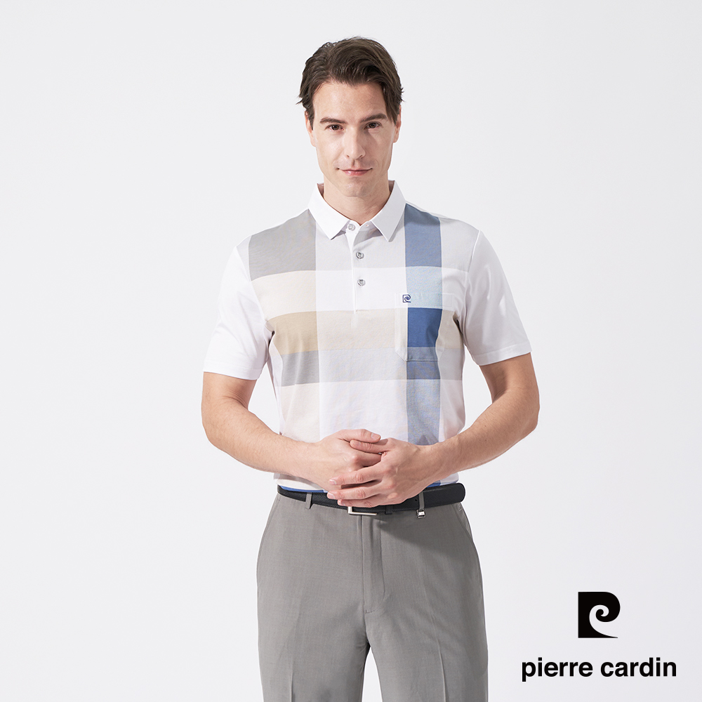 Pierre Cardin 皮爾卡登 男款 胸前印格彈性短袖POLO衫-藍色 (5247214-35)