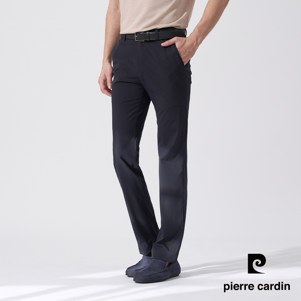 Pierre Cardin 皮爾卡登 男款 素色彈性暗條織紋平口休閒長褲-丈青色 (5247876-38)