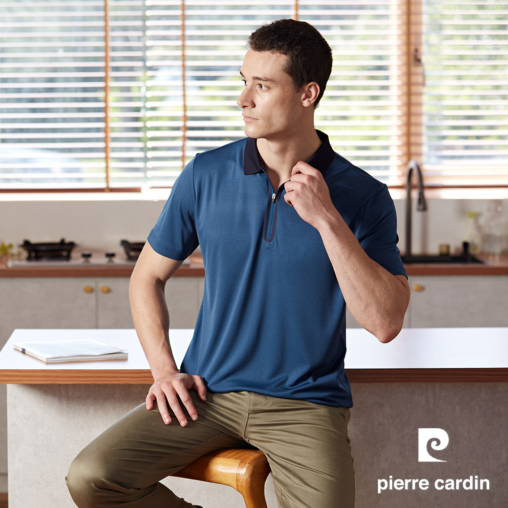Pierre Cardin 皮爾卡登 男款 拉鍊門襟短袖POLO衫-藍綠色 (5247217-37)