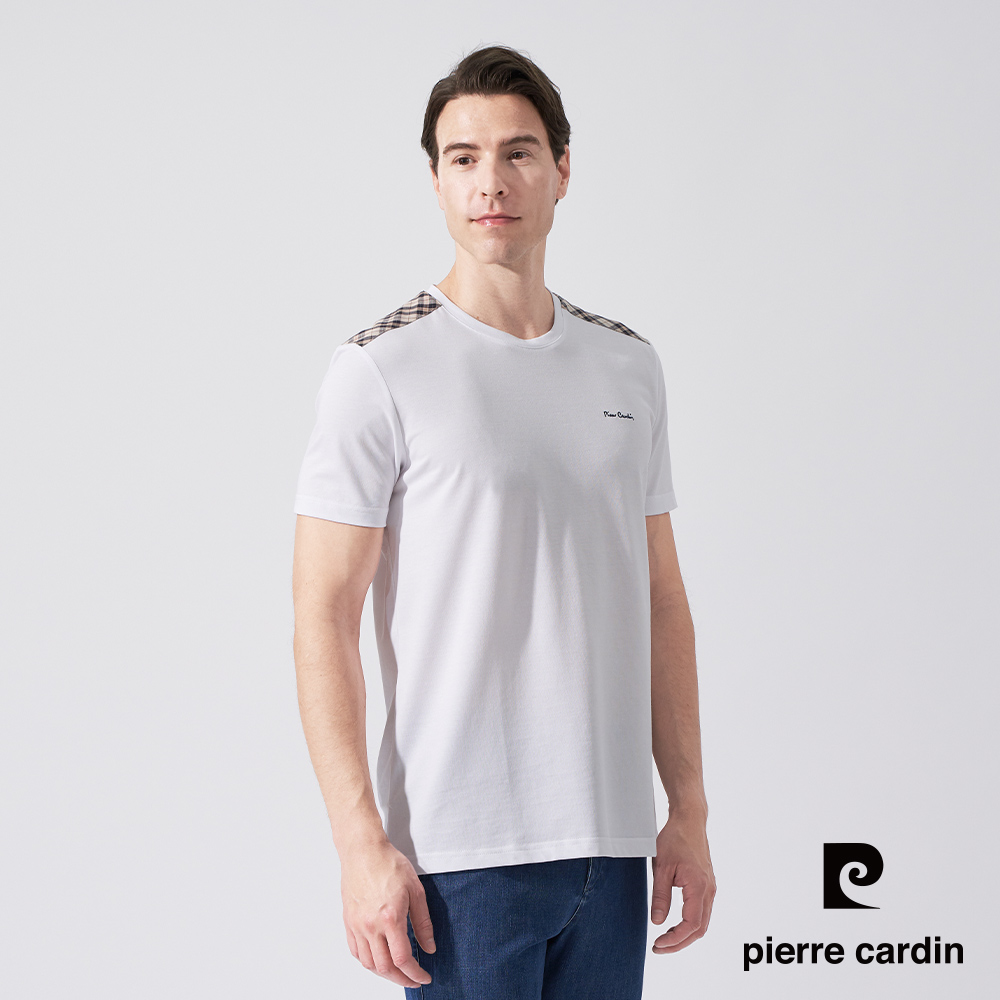 Pierre Cardin 皮爾卡登 男款 棉混肩配格子布圓領衫T恤-白色 (5247280-90)
