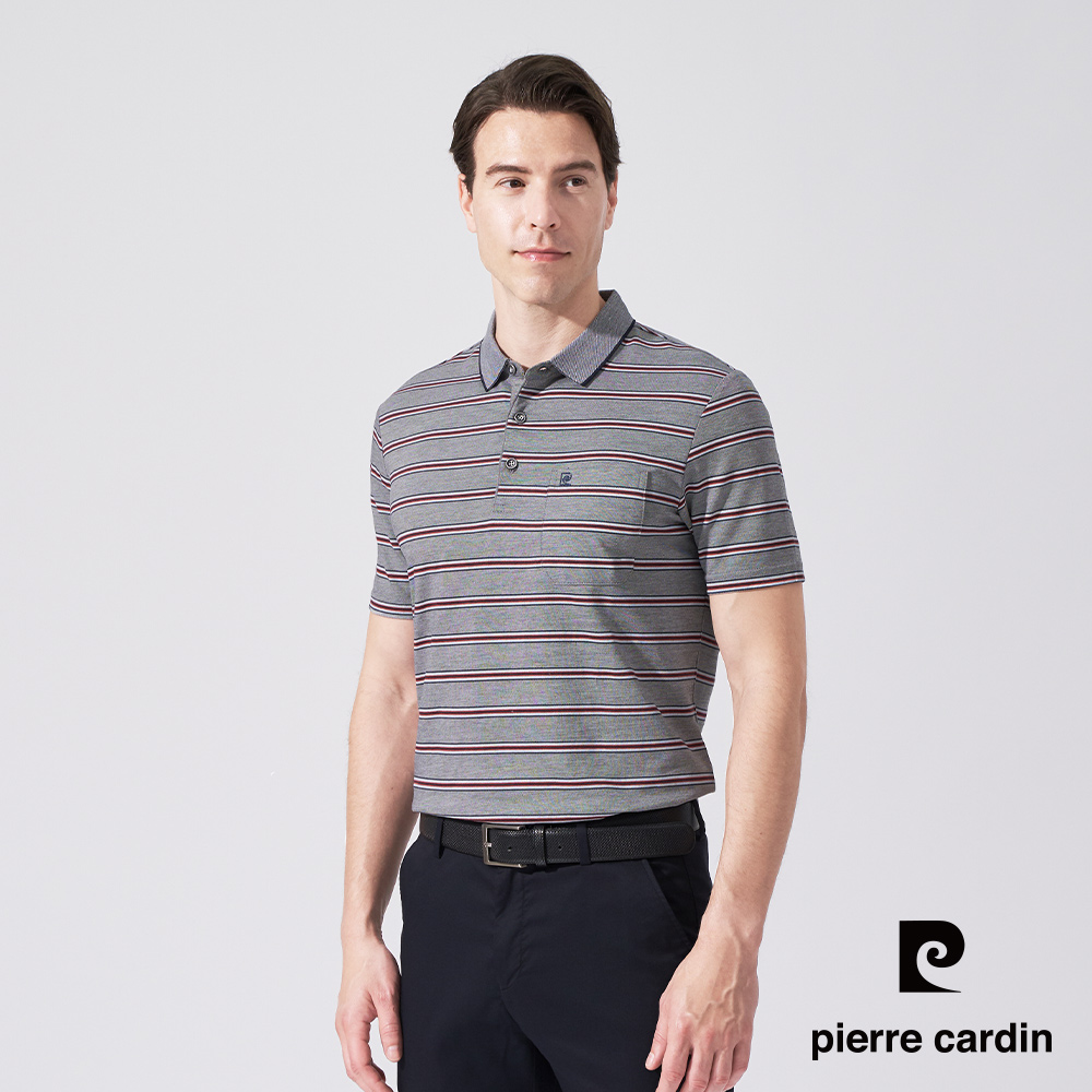 Pierre Cardin 皮爾卡登 男款 雙色網眼橫條印花短袖POLO衫-灰藍色 (5247254-38)