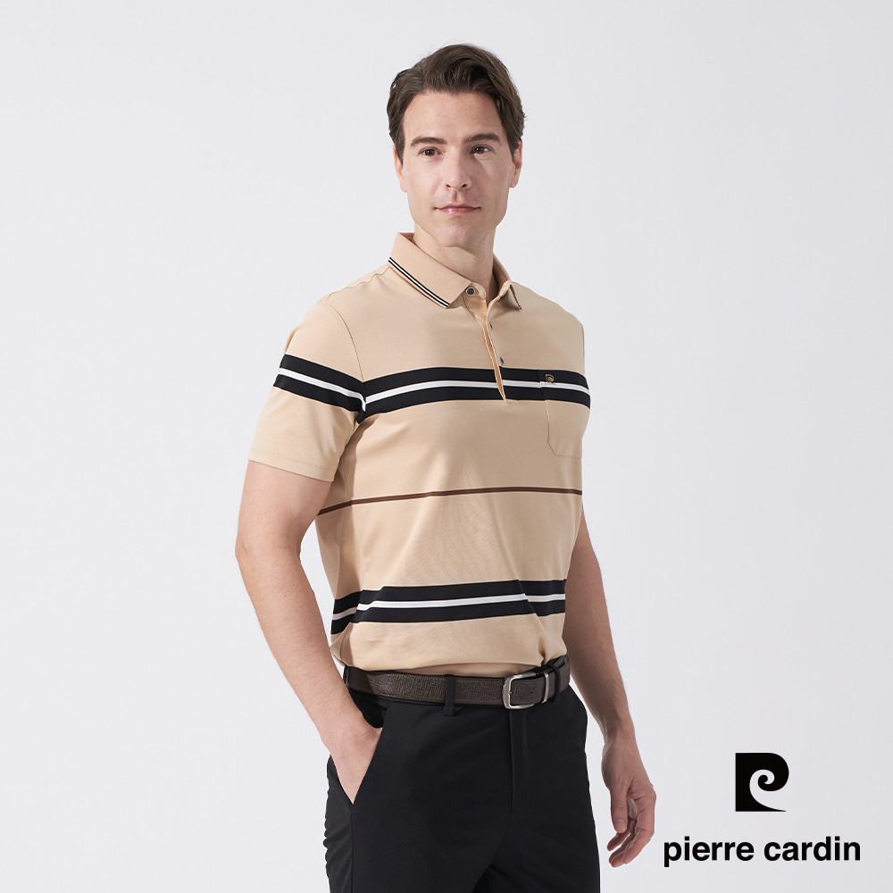 Pierre Cardin 皮爾卡登 男款 橫條短袖POLO衫-卡其色 (5247264-84)