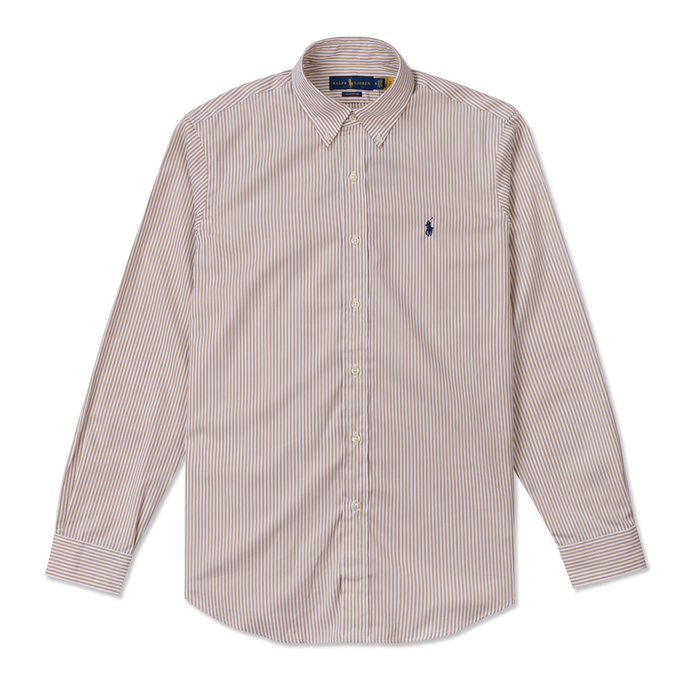 Ralph Lauren 經典刺繡小馬長袖襯衫(Classic Fit)-卡其白條紋色