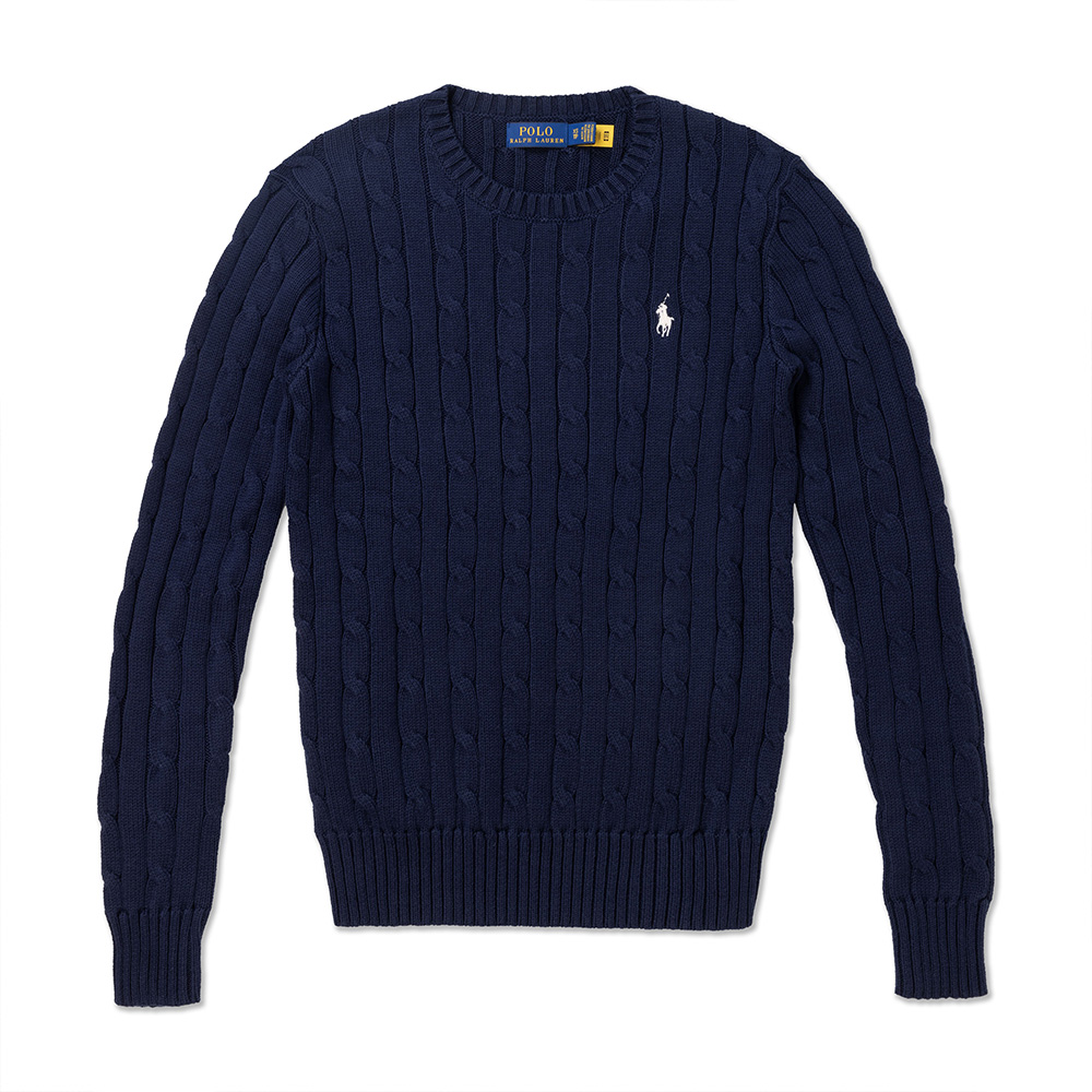 polo Ralph Lauren RL 熱銷圓領刺繡小馬麻花針織毛衣(女)-深藍色