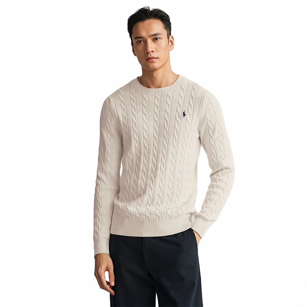RALPH LAUREN POLO 熱銷圓領刺繡小馬純棉麻花針織毛衣-杏色
