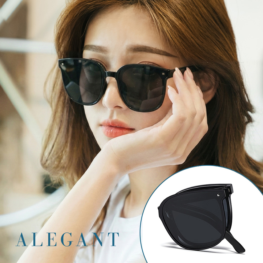 ALEGANT 輕巧時尚玄鷹黑彈簧鏡腳折疊太陽眼鏡/UV400方框摺疊偏光墨鏡