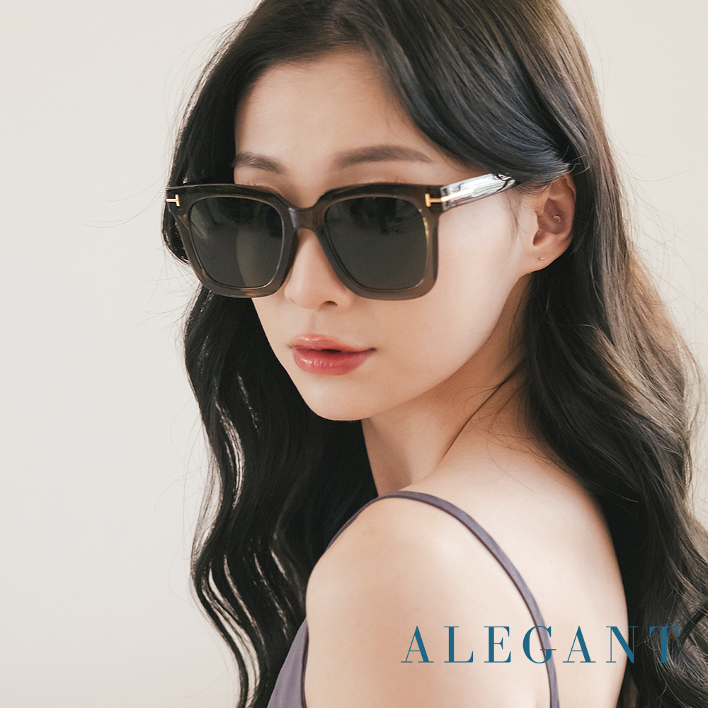ALEGANT 灰映綠都會未來感金飾立體線條勾勒方框輕量TR90寶麗來偏光墨鏡/UV400太陽眼鏡