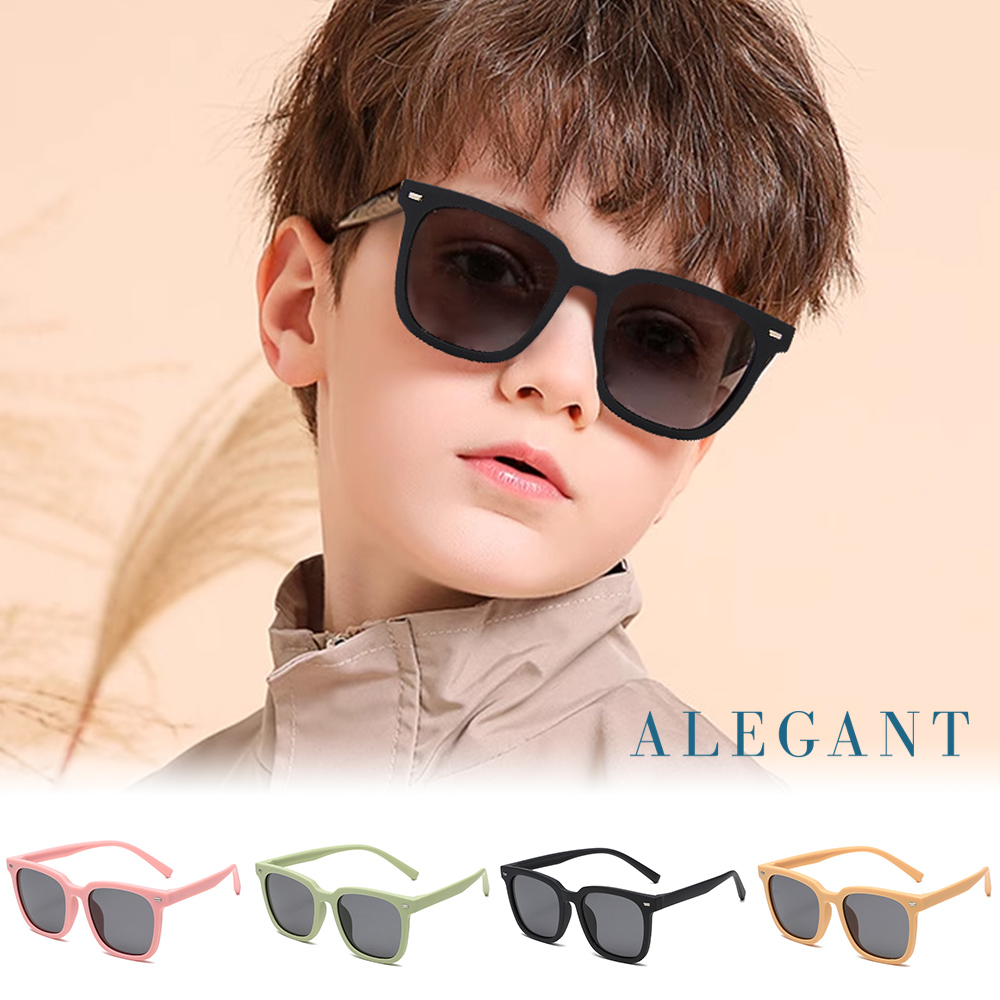 ALEGANT 自然時尚兒童專用輕量矽膠彈性太陽眼鏡/UV400方框偏光墨鏡
