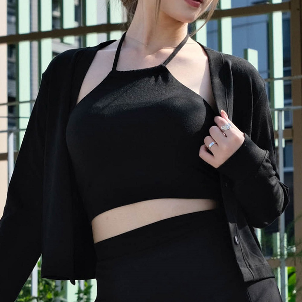 EASY SHOP Banana Pie-BRA TOP-刷毛V領開襟外套-墨黑