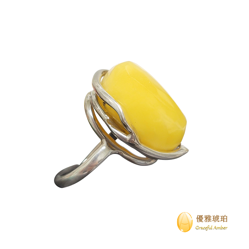優雅琥珀 多面切割 知性藝術化蜜蠟純銀戒指