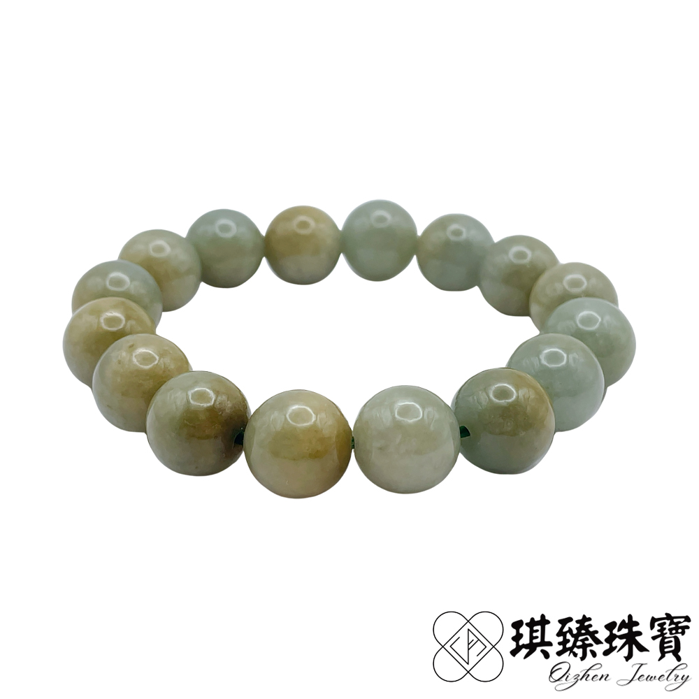 琪臻珠寶 天然A貨翡翠糯種黃翡圓珠佛珠手珠手串(12mm圓珠 黃翡緬甸玉 招財聚富)
