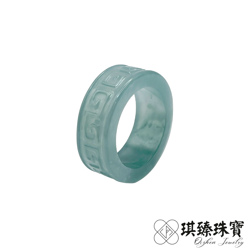 琪臻珠寶 天然A貨翡翠糯冰藍水飄花扳指|加厚仿古迴紋|國際圍18 (內徑20mm)