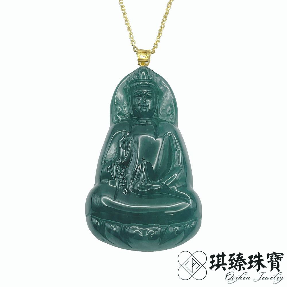 琪臻珠寶天然A貨翡翠糯冰種深藍水淨瓶觀音吊墜(18K金扣頭糯冰翡翠