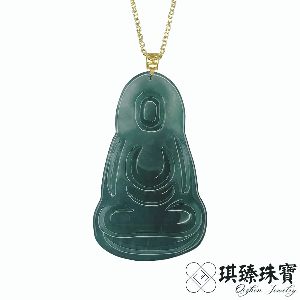 琪臻珠寶天然A貨翡翠糯冰種深藍水淨瓶觀音吊墜(18K金扣頭糯冰翡翠