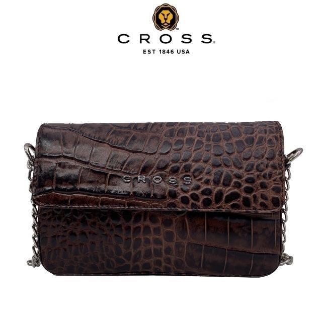 CROSS 高仕 限量1折 頂級小牛皮鱷魚紋鈕扣側背包(咖啡色,全新專櫃展示品)