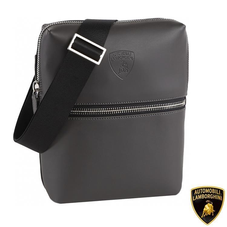 Automobili Lamborghini 限量2折 頂級義大利小牛皮斜背包側背包 全新專櫃展示品(0004M) 灰色