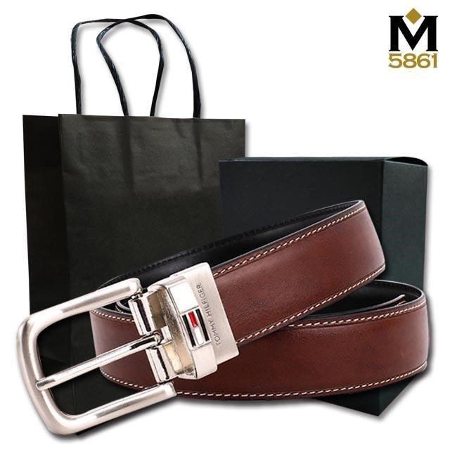 Tommy Hilfiger 男皮帶 皮帶 雙面雙色 大LOGO標設計 銀扣頭 咖+黑 (SML)