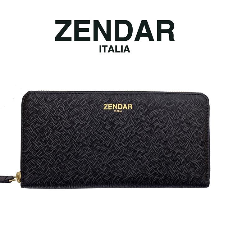 【ZENDAR】限量1折 頂級小牛皮十字紋拉鍊皮夾 卡門系列 全新專櫃展示品 (黑色)
