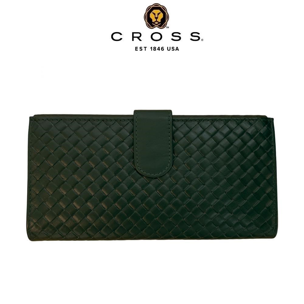 CROSS 高仕 限量1折 頂級小牛皮編織紋中扣式長夾 全新專櫃展示品 森林綠