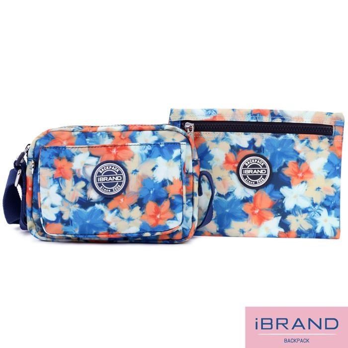 iBrand 輕盈防潑水雙口袋斜側背包 - 漫漫花朵 MIB-5605