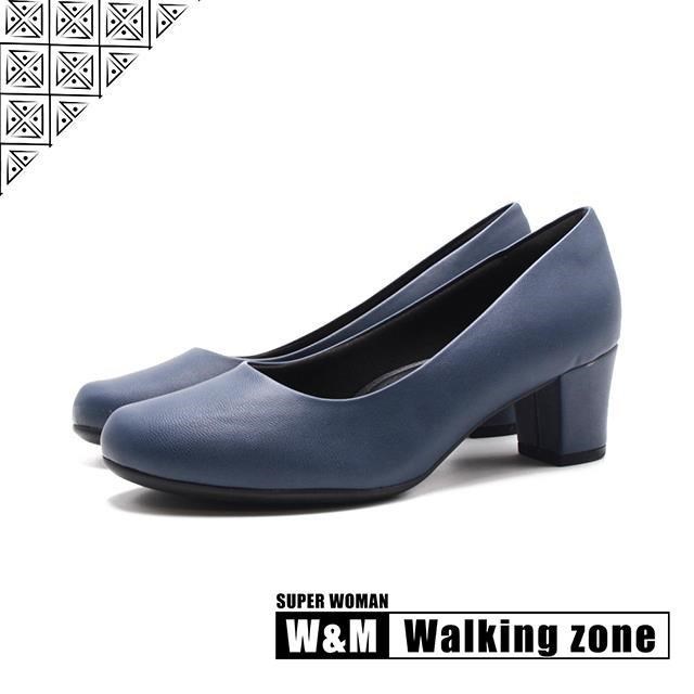 WALKING ZONE SUPER WOMAN系列 圓頭素面女仕中跟鞋 女鞋-丈藍(其他規格)