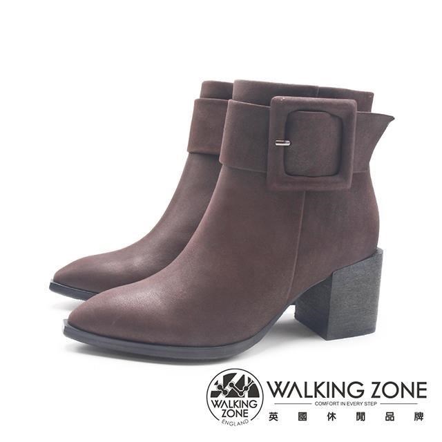 WALKING ZONE (女)牛皮尖頭粗底高跟短靴 女靴-咖啡