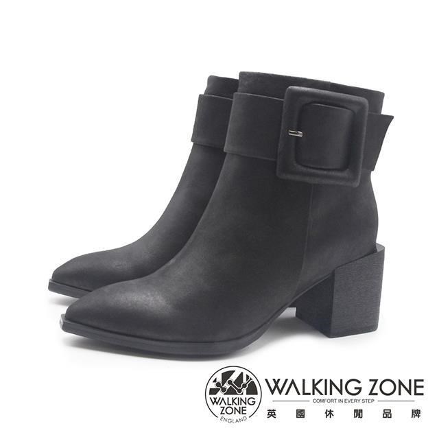WALKING ZONE (女)牛皮尖頭粗底高跟短靴 女靴-黑