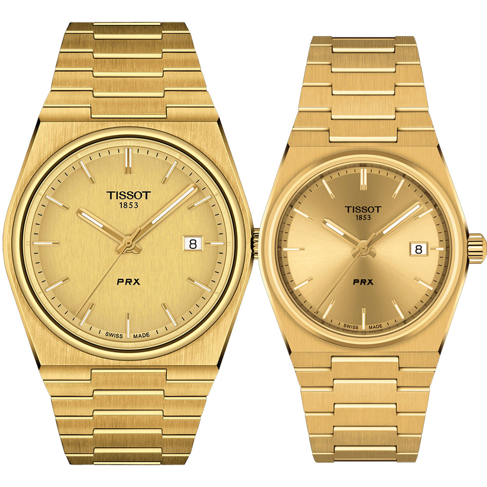 TISSOT 天梭 官方授權 PRX系列 70年代復刻石英對錶 情侶手錶 周年慶獻禮-金 T1374103302100+T1372103302100