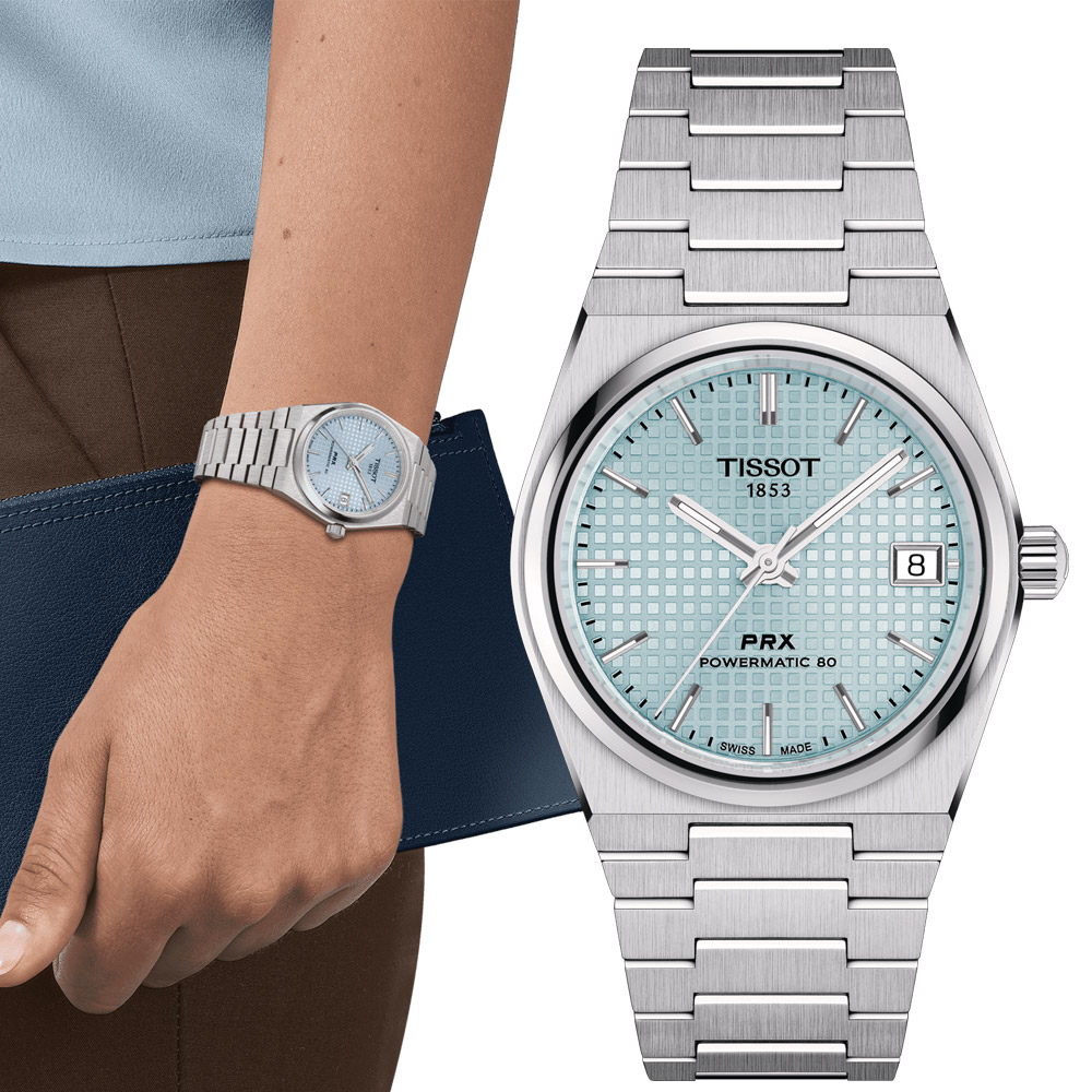 TISSOT 天梭 官方授權 PRX系列 80小時動力機械腕錶-T1372071135100/冰藍35mm