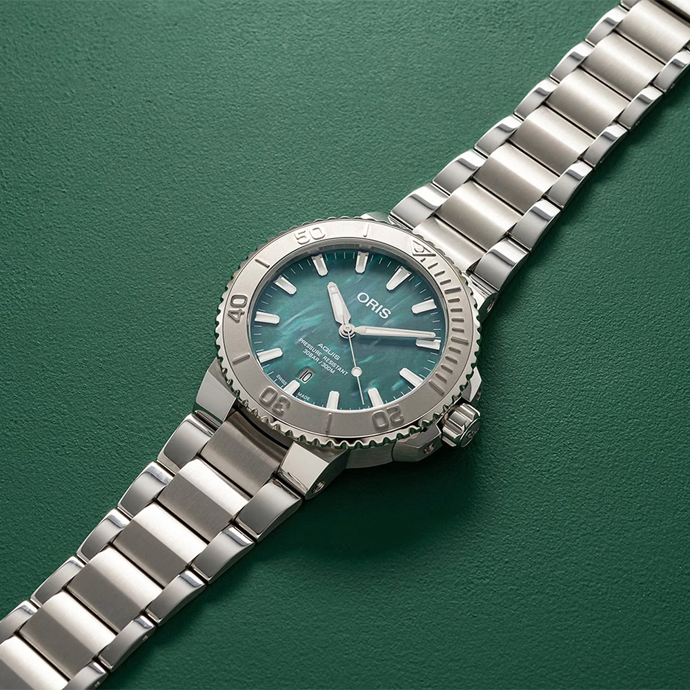 ORIS 豪利時 x Bracenet Aquis 時間之海特別版 300米潛水機械錶-綠x銀/43.5mm 0173377304137-0782405PEB