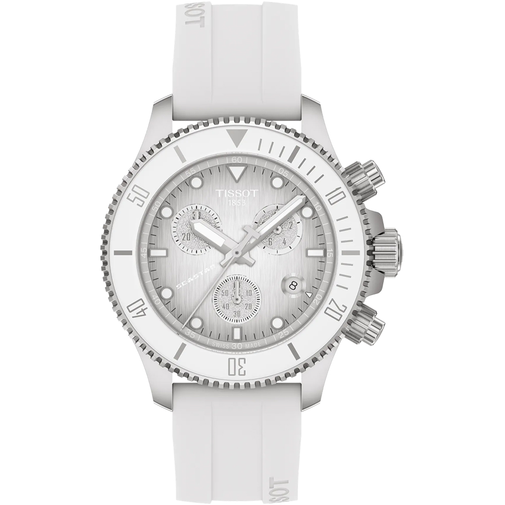 TISSOT 天梭 官方授權 Seastar 1000海洋之星三眼計時300米潛水錶/白橡膠/38mm/T1202171701100