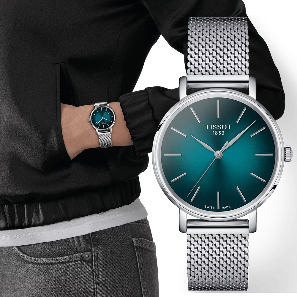 TISSOT 天梭 官方授權 Everytime 經典雋永米蘭手錶 百貨周年慶-銀x藍綠 T1432101109100