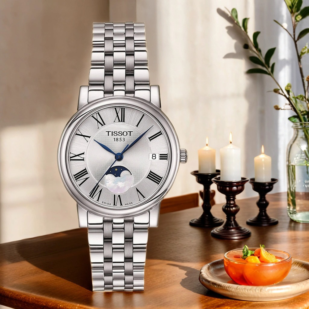 TISSOT 天梭 官方授權 Carson 羅馬月相石英女錶 百貨周年慶-32mm T1222231103300