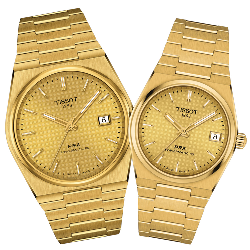 TISSOT 天梭 官方授權 PRX系列 復古機械對錶-金 錶 週年慶 雙11 / T1374073302100+T1372073302100