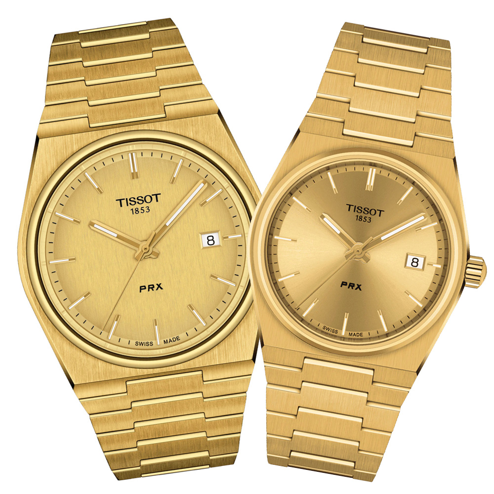 TISSOT 天梭 官方授權 PRX 復古石英對錶-金 錶 週年慶 雙11 T1374103302100+T1372103302100
