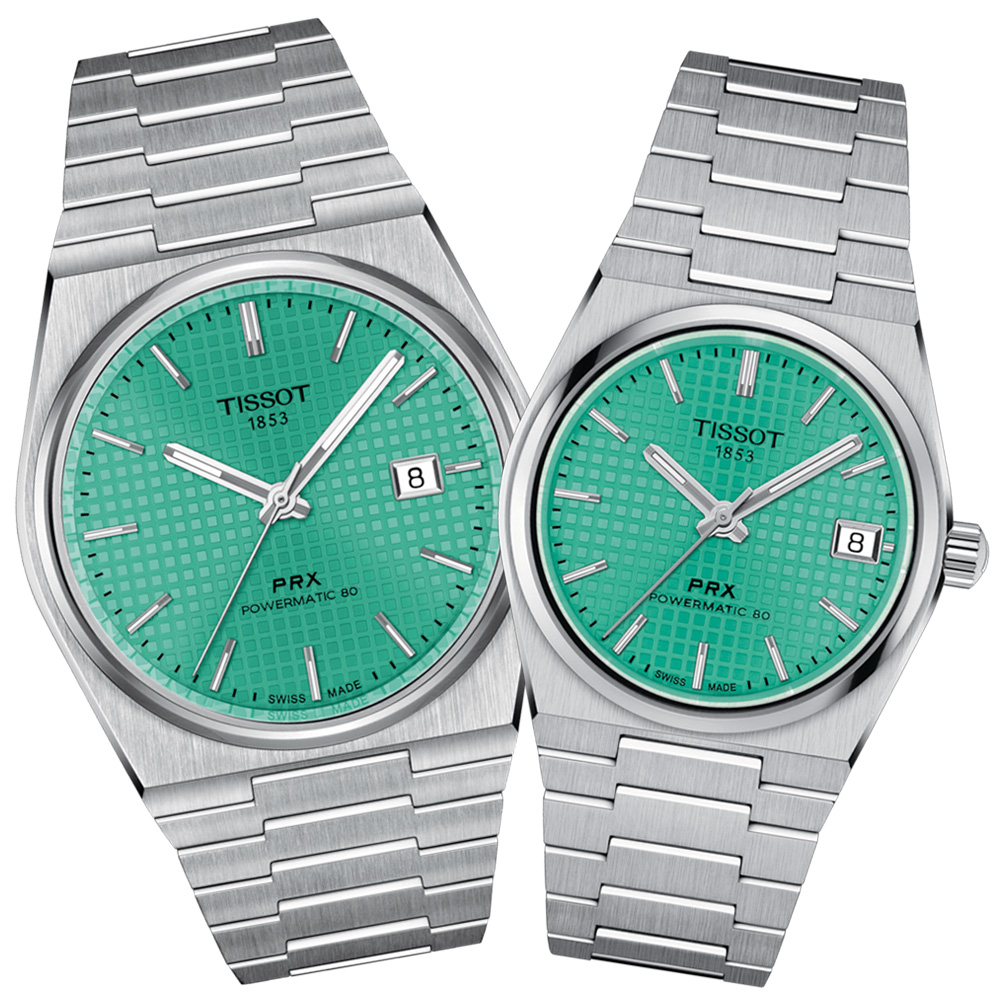 TISSOT 天梭 官方授權 PRX 復古機械對錶-薄荷綠 錶 週年慶 雙11 T1374071109101+T1372071109101