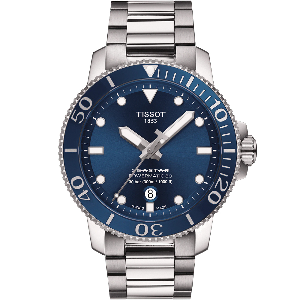 TISSOT 天梭 官方授權 Seastar 1000 海洋之星300米潛水機械錶 雙11盛典-藍/43mm T120.407.11.041.03