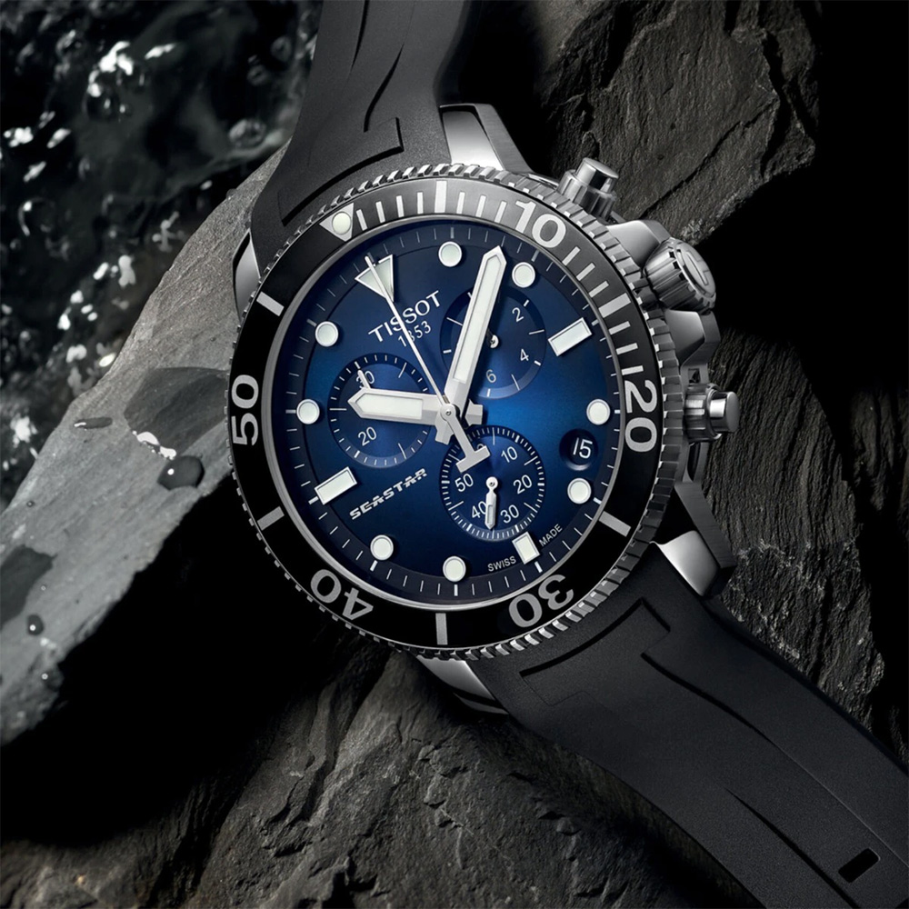 TISSOT 天梭 官方授權 Seastar 1000 海洋之星300米潛水計時錶 周年慶獻禮-藍x黑/45mm T1204171704100