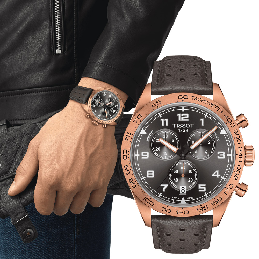 TISSOT 天梭 官方授權 PRS516 賽車計時石英手錶 百貨周年慶-灰x玫瑰金/45mm T1316173608200