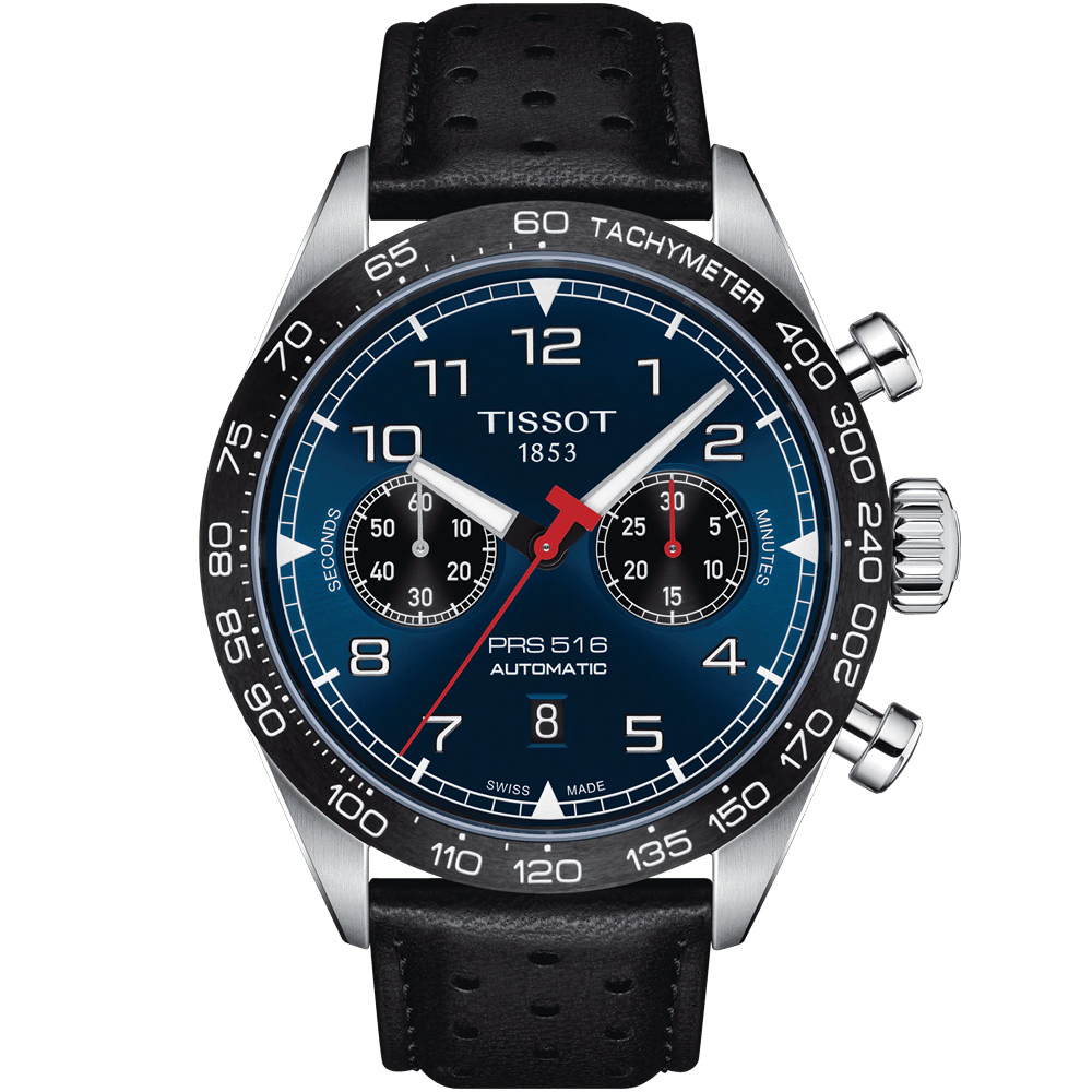 TISSOT 天梭 官方授權 PRS516 賽車計時機械手錶 周年慶獻禮-黑x藍/45mm T131.627.16.042.00