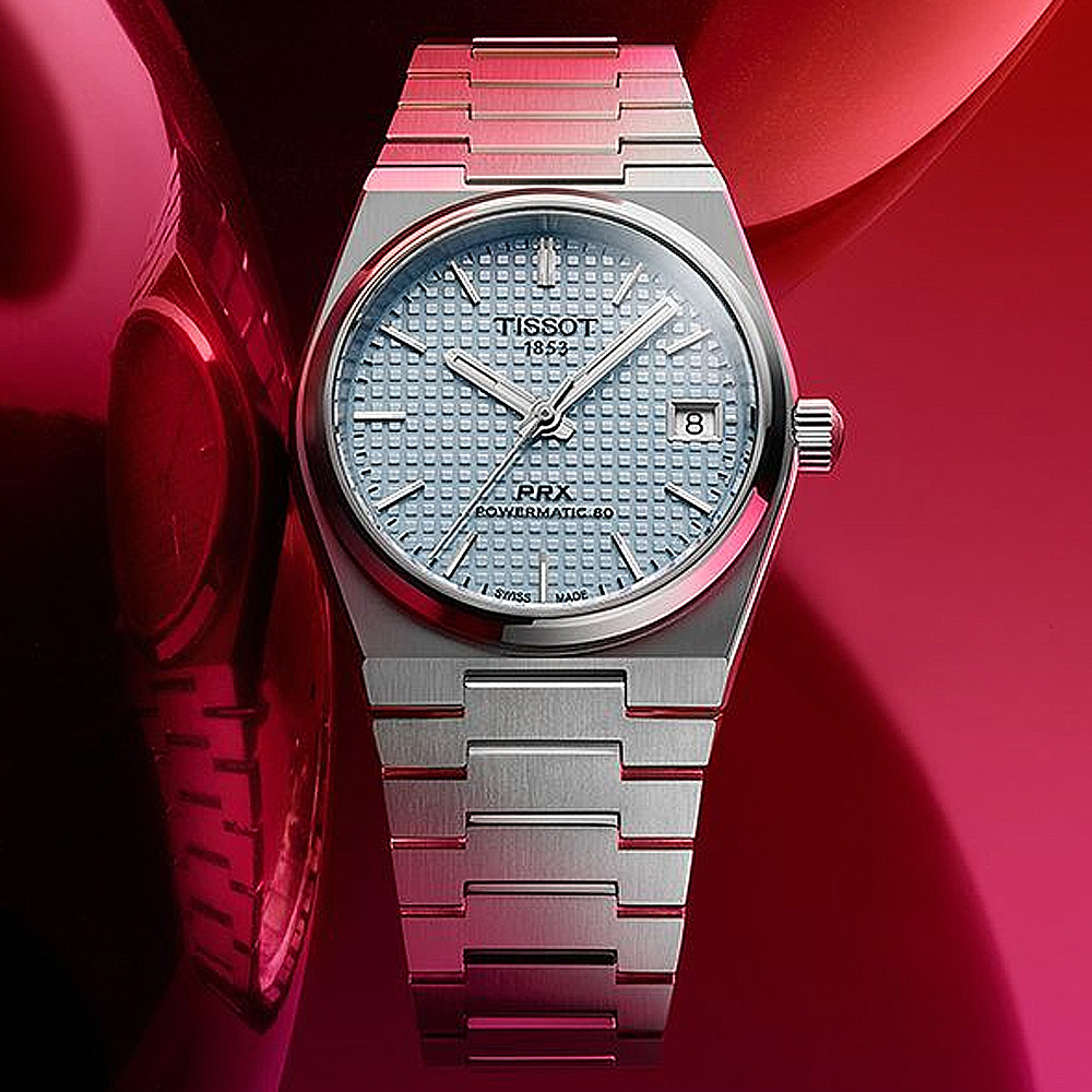 TISSOT 天梭 官方授權 PRX系列 70年代復刻機械錶 百貨周年慶-冰藍/35mm T1372071135100
