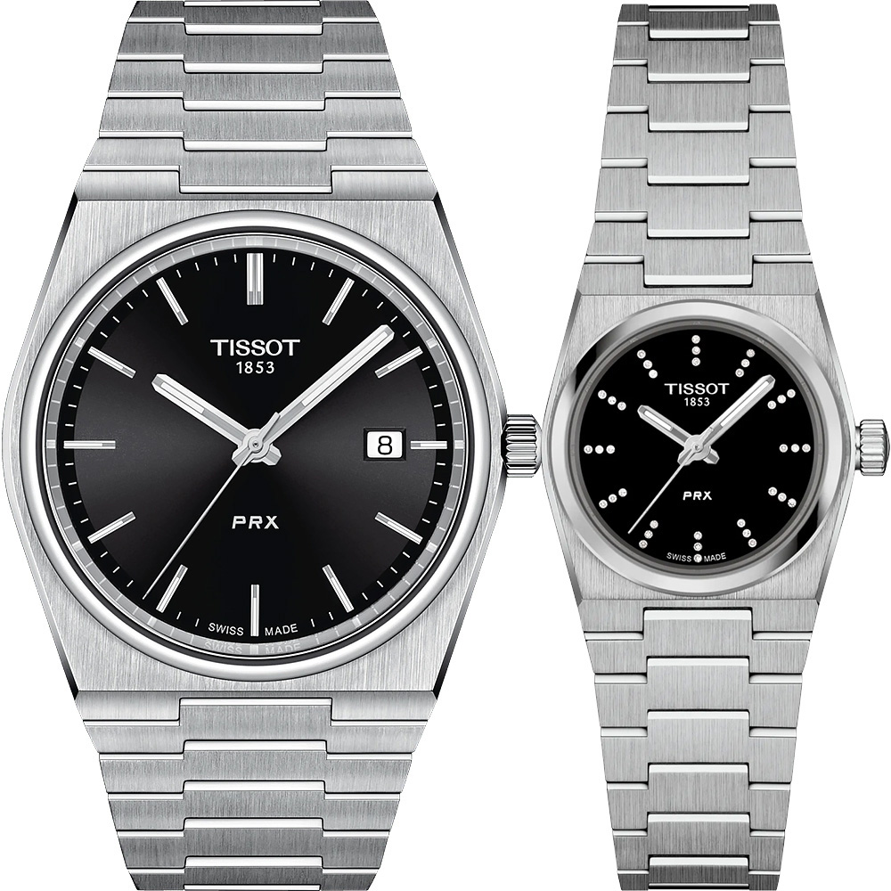 TISSOT 天梭 官方授權 PRX系列 70年代復刻石英對錶 百貨周年慶-銀x黑 T1374101105100+T1370101105600