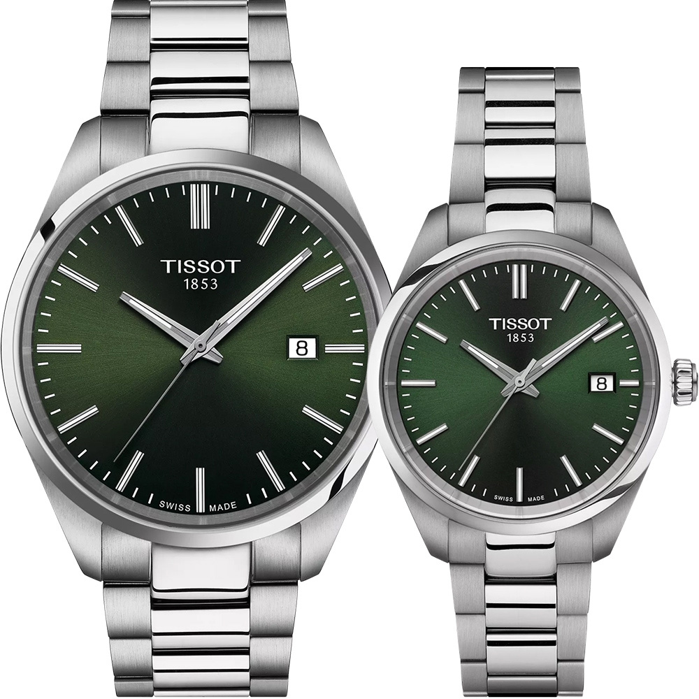 TISSOT 天梭 官方授權 PR100 簡約時尚石英對錶 百貨周年慶-銀x綠 T1504101109100+T1502101109100