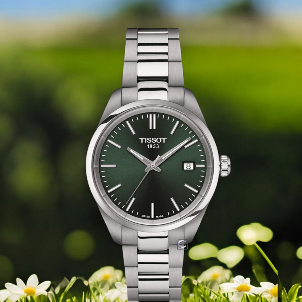 TISSOT 天梭 官方授權 PR 100 簡約大三針 時尚腕錶 女錶 手錶-T1502101109100/橄覽綠色 34mm
