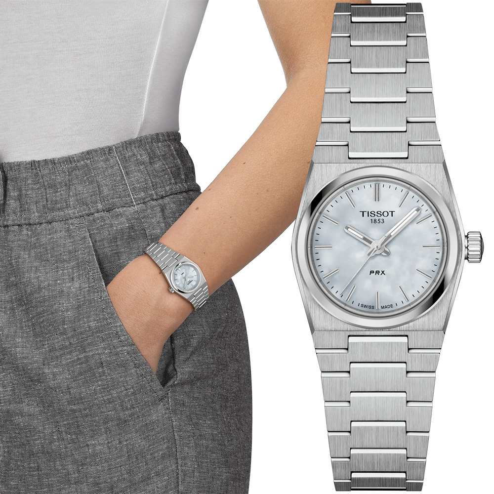 TISSOT 天梭 官方授權 PRX系列 復刻款酒桶形珍珠貝石英錶/銀/25mm/T1370101111100